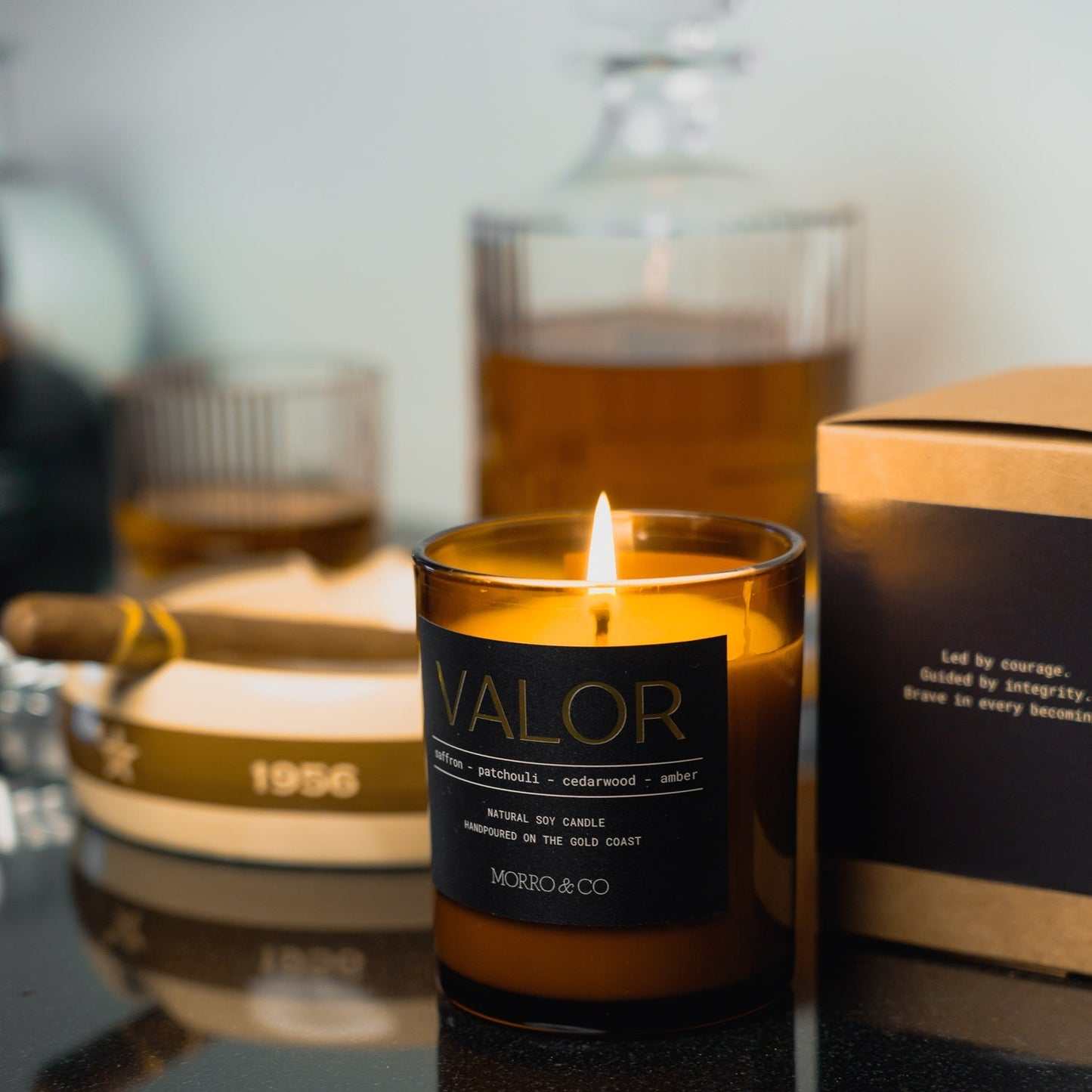Morro & Co complete Men's Valor natural soy candle with affirmation