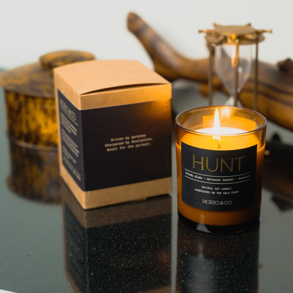 Morro & Co complete Men's Hunt natural soy candle with affirmation
