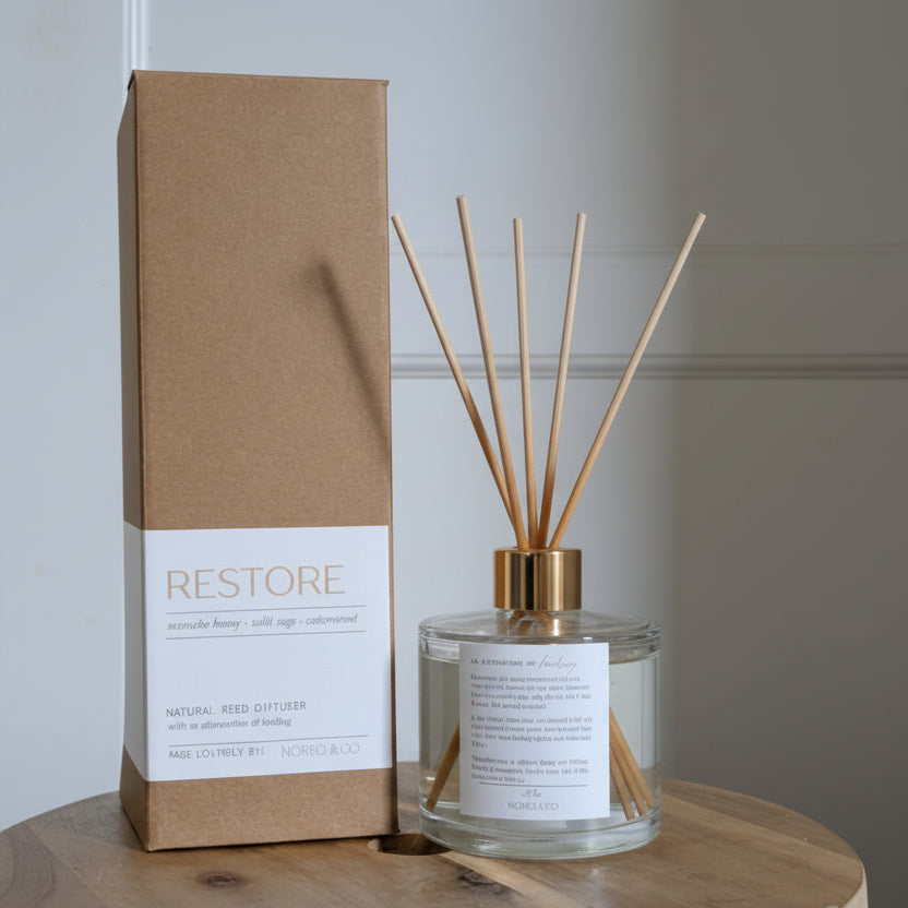 Glass diffuser with gold lid and 'RESTORE' packaging on a wooden surface.