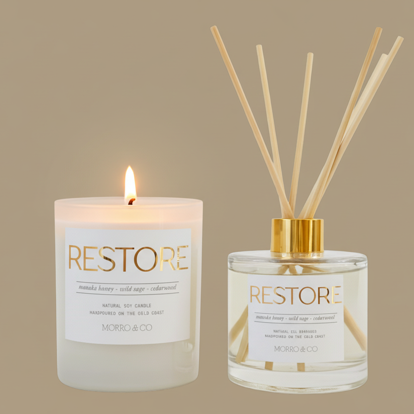 Two 'Restore' products by Morro & Co on a beige background