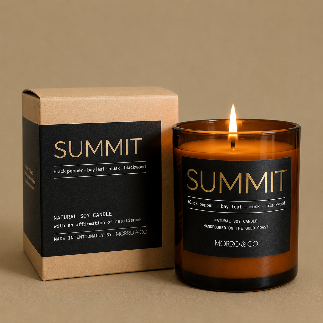Summit candle with packaging on a beige background