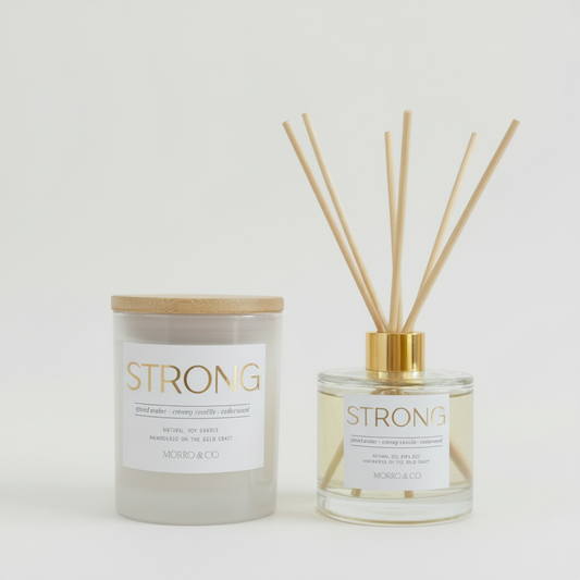 Two candles with 'STRONG' labels on a white background