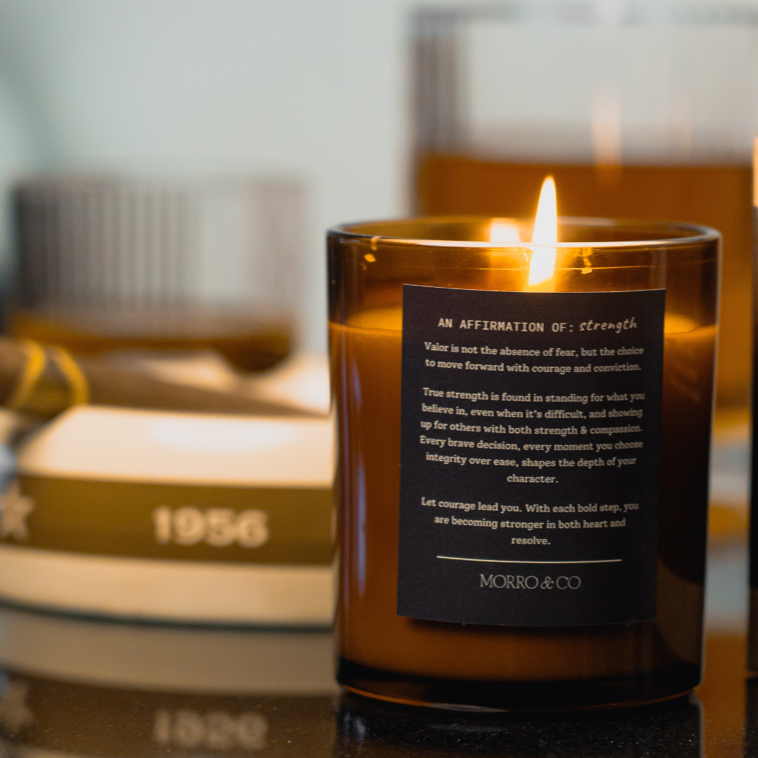 Candle with a label and a blurred background