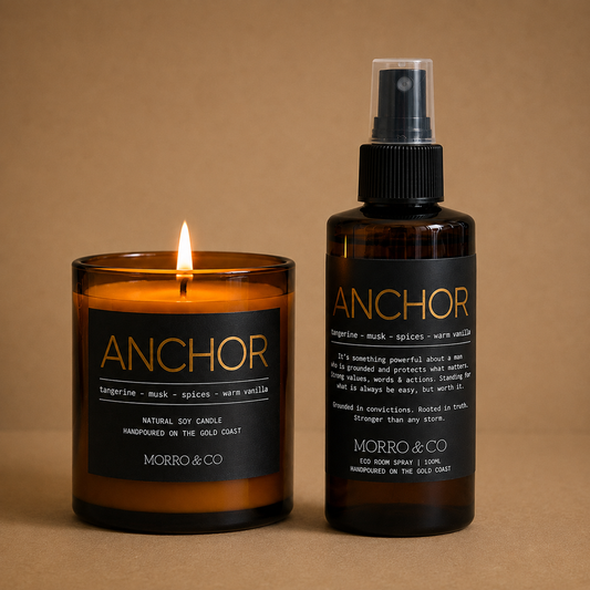 Morro & Co ANCHOR men's candle and room spray in warm tangerine, musk, spice and vanilla fragrance
