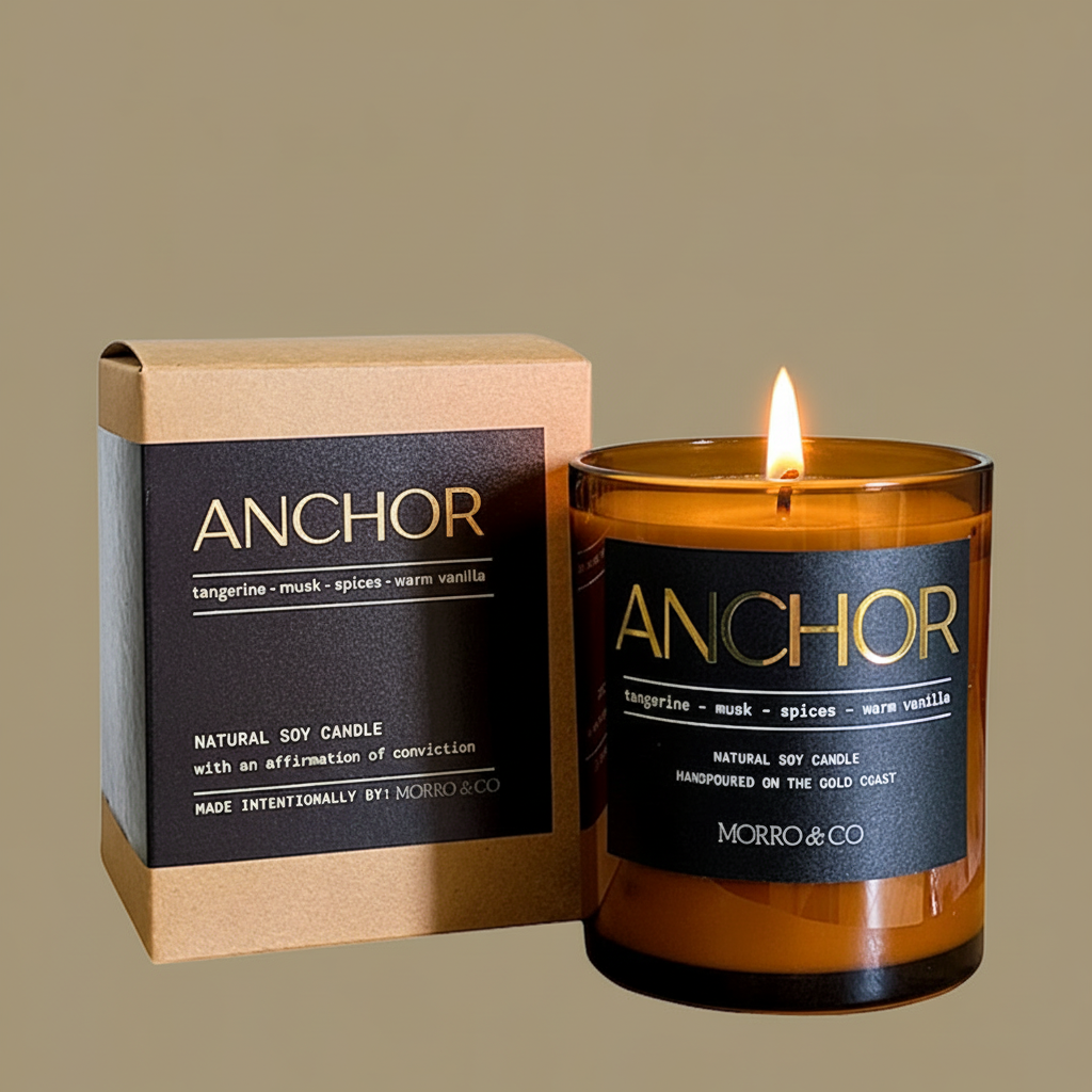 Anchor candle with packaging on a beige background