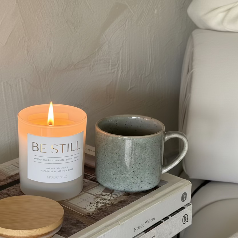 Candle labeled 'Be Still' on a wooden tray with a mug and coaster, against a neutral wall.