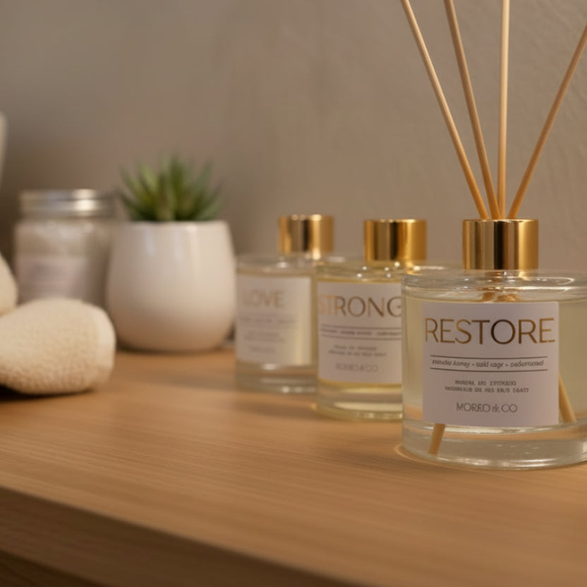 Three bottles of 'Restore' with gold caps on a reflective surface