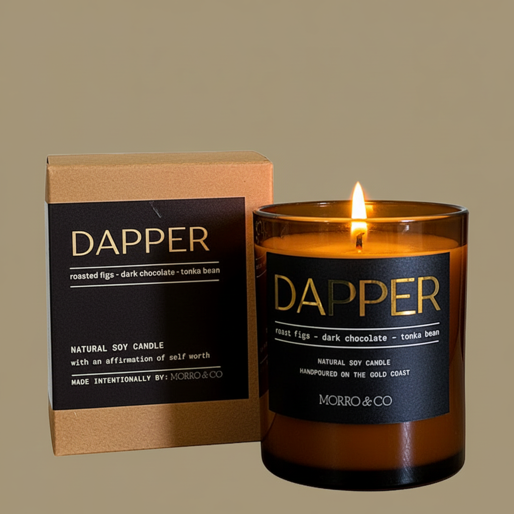 Dapper candle with packaging on a beige background