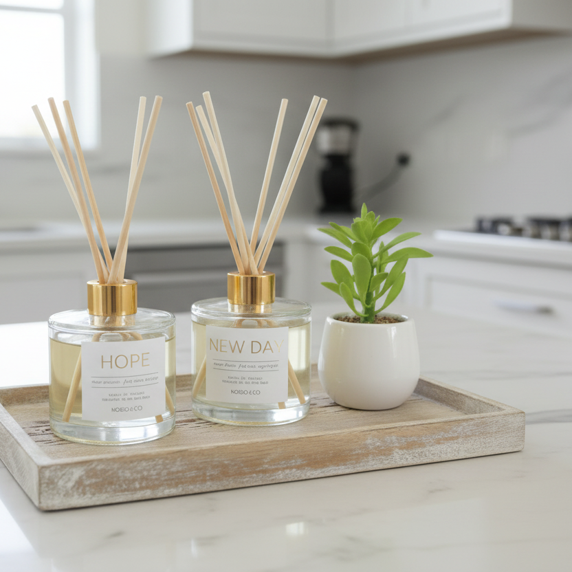 Two diffusers labeled 'Hope' and 'New Day' on a wooden tray with a plant in the background.