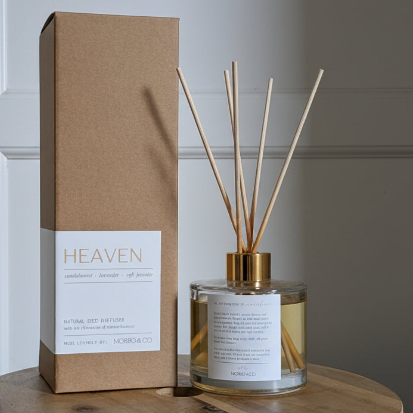 Candle and packaging labeled 'Heaven' on a wooden surface with a neutral background