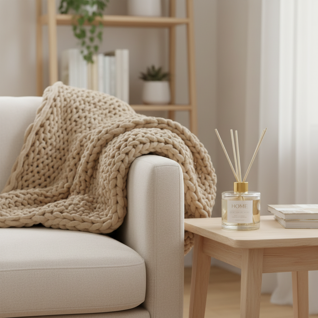 Beige blanket draped over a sofa with a diffuser on a wooden table in a cozy living room.