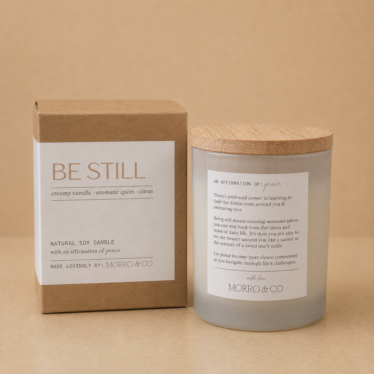 Morro & Co BE STILL natural soy candle with a peaceful affirmation