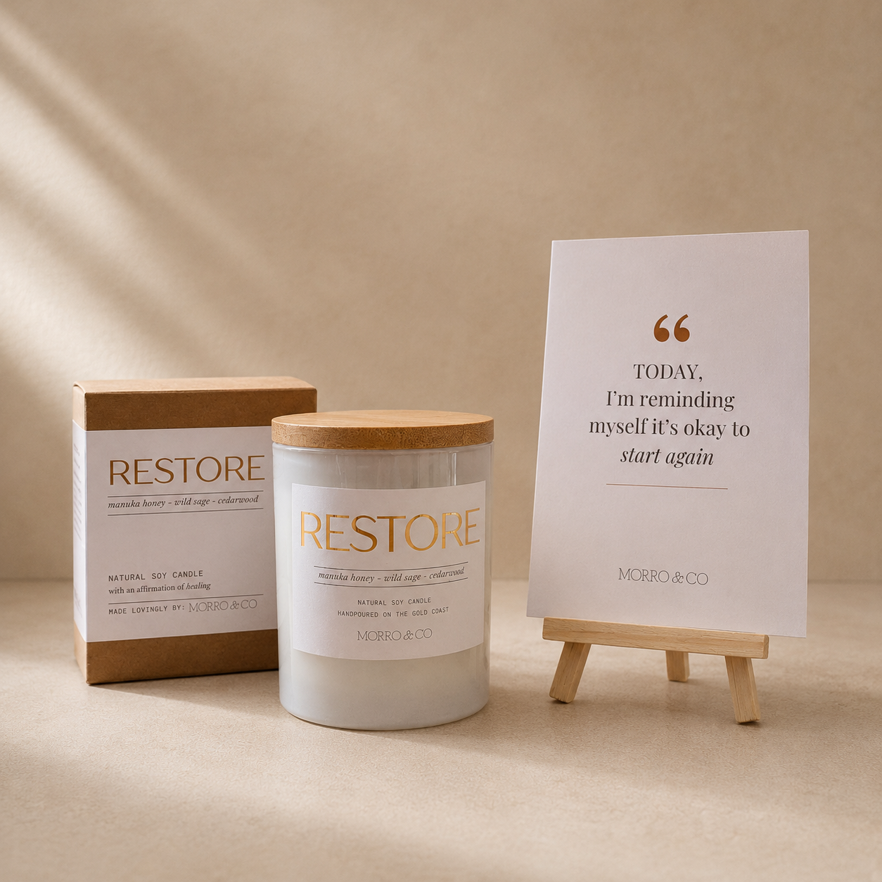 Morro & Co natural soy candle and uplifting affirmation card gift set for her