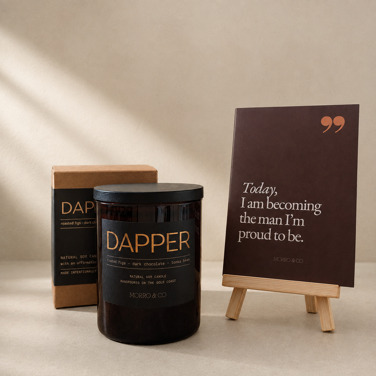 Morro & Co natural soy candle and uplifting affirmation card gift set for him