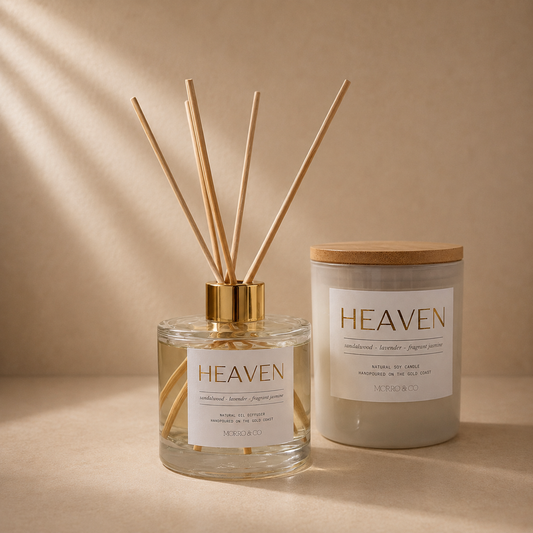 Morro & Co natural soy candle and eco reed diffuser home fragrance bundle
