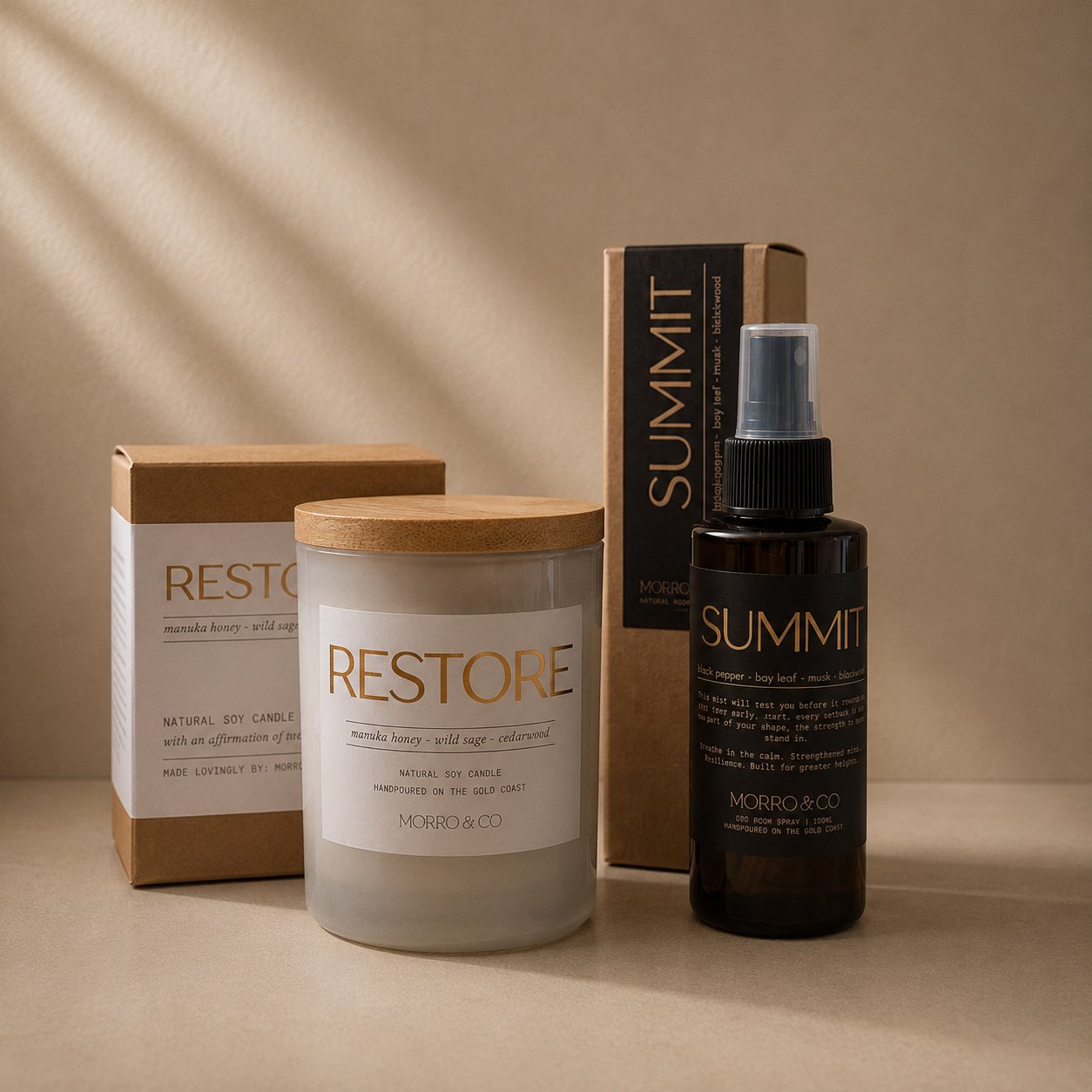 Morro & Co natural soy candle and room spray home fragrance bundle