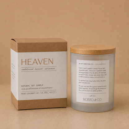 Morro & Co HEAVEN natural soy candle with comforting affirmation