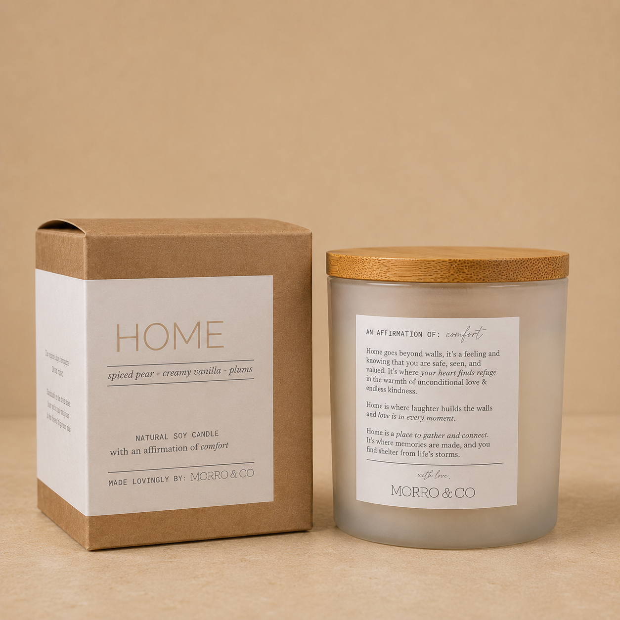 Morro & Co HOME natural soy candle with packaging on a warm beige background