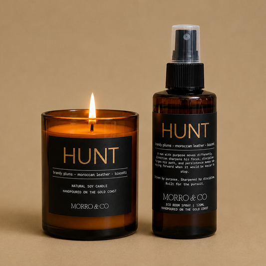 Morro & Co HUNT men's candle and room spray in brandy plum, Moroccan leather and biscotti fragrance