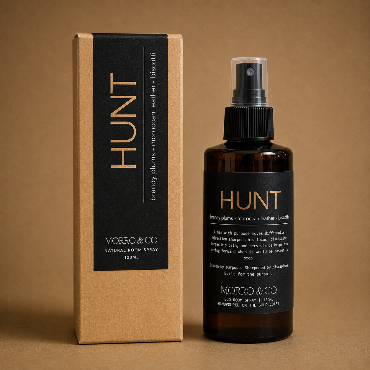 Morro & Co HUNT men's room spray with brandy plum, Moroccan leather and biscotti fragrance