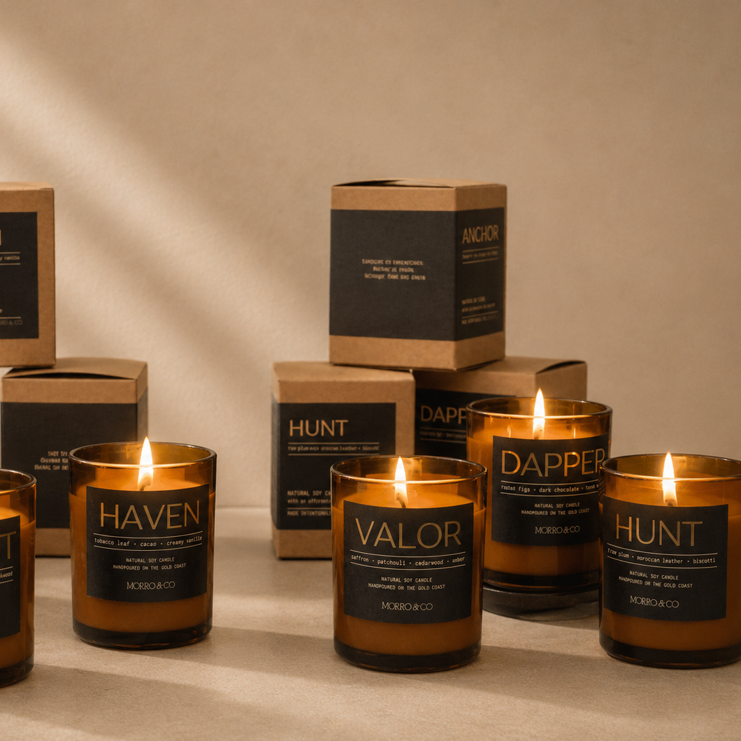 Morro & Co complete Men's Candle Collection with six natural soy candle fragrances