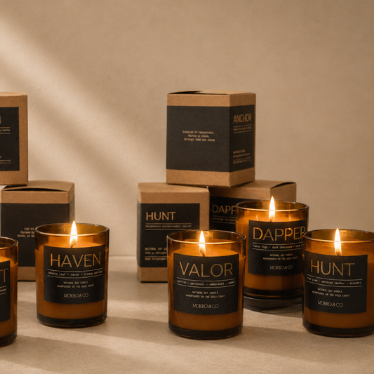Morro & Co complete Men's Candle Collection with six natural soy candle fragrances