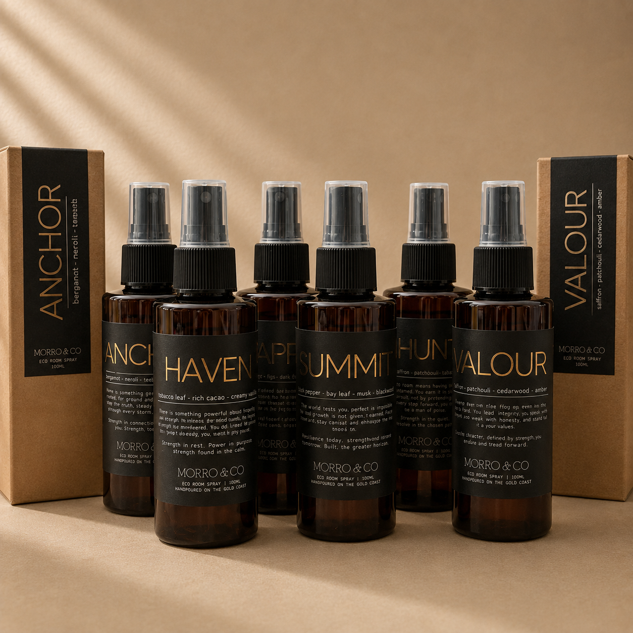 Morro & Co complete Men's Room Spray Collection with six masculine home fragrances
