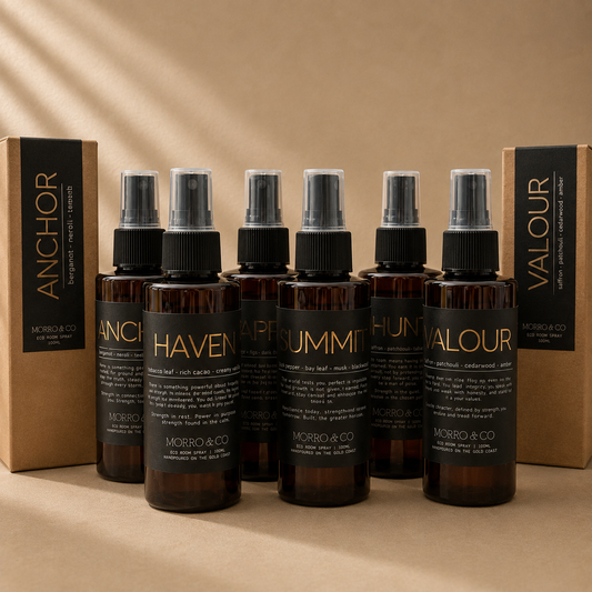 Morro & Co complete Men's Room Spray Collection with six masculine home fragrances