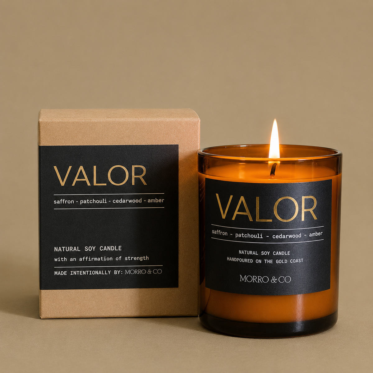 Morro & Co VALOR men's natural soy candle with packaging on a warm beige background