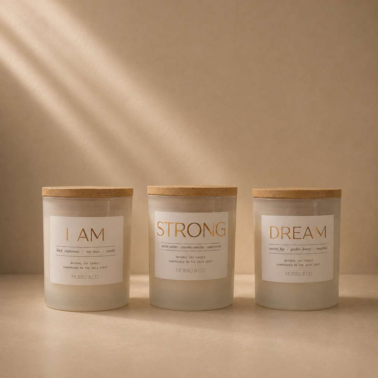 Morro & Co 3 Candle Bundle with natural soy candles and uplifting affirmations