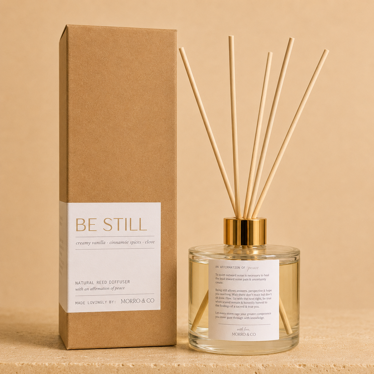 Morro & Co BE STILL eco reed diffuser with peaceful affirmation