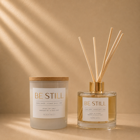 Morro & Co BE STILL natural soy candle and eco reed diffuser