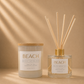 Morro & Co BEACH natural soy candle and eco reed diffuser on a warm beige background