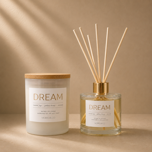 Morro & Co DREAM natural soy candle and eco reed diffuser with an inspiring affirmation