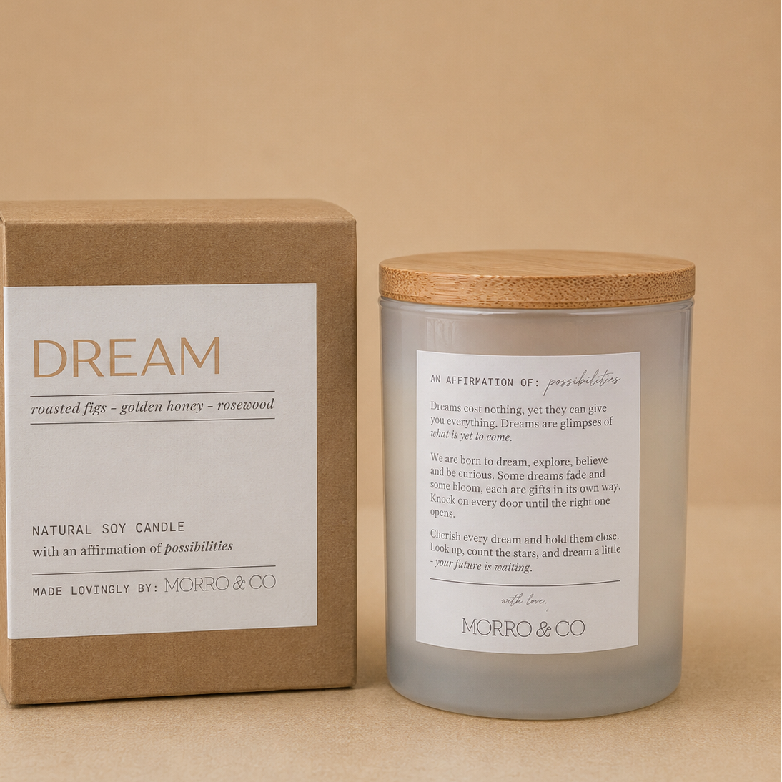 Morro & Co DREAM natural soy candle with packaging on a warm beige background