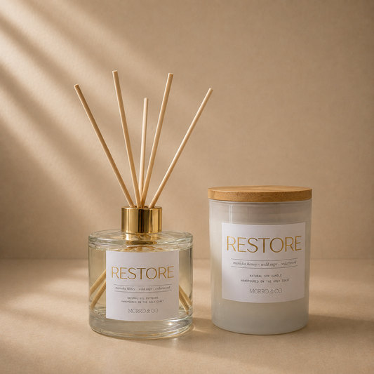 Morro & Co RESTORE fragrance set with natural soy candle and eco reed diffuser