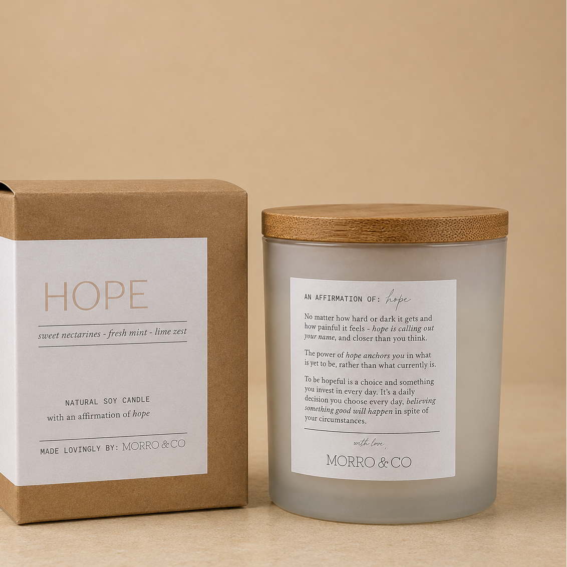 Morro & Co HOPE natural soy candle with hopeful affirmation