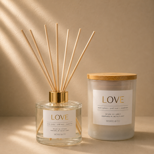 Morro & Co LOVE natural soy candle and eco reed diffuser