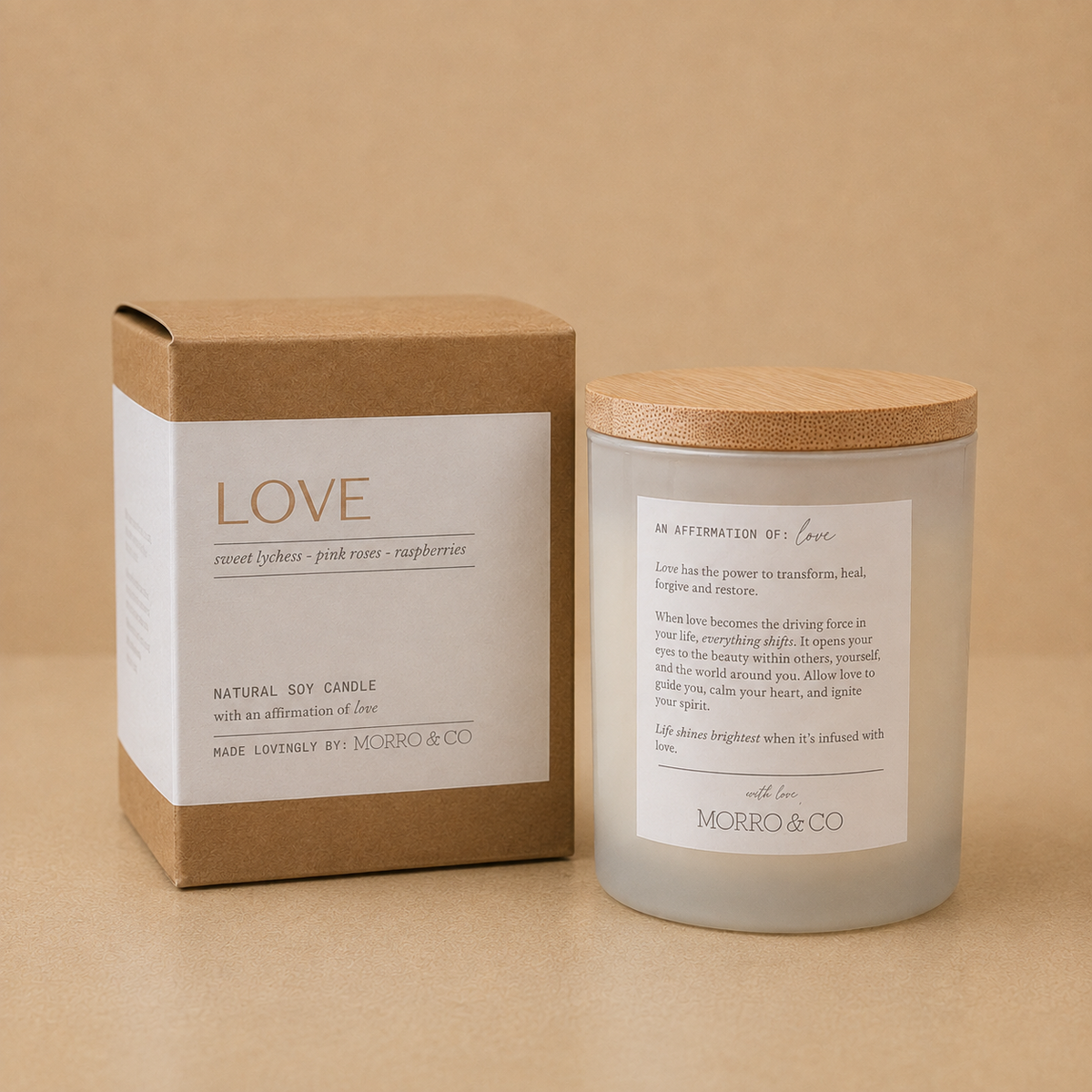 Morro & Co LOVE natural soy candle with love inspired affirmation
