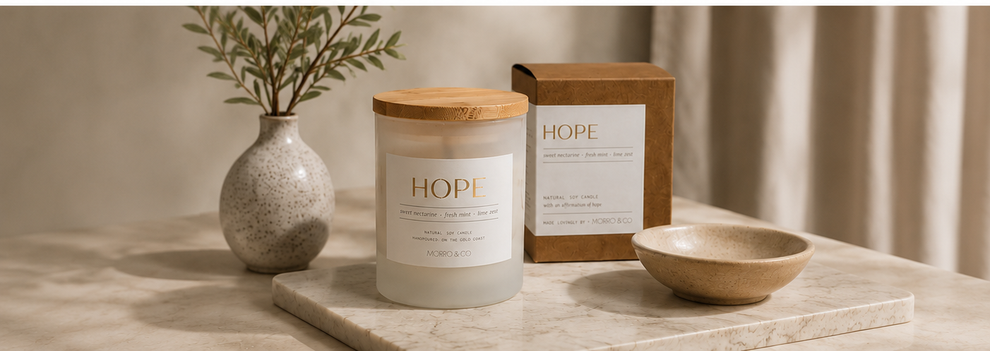 Morro & Co natural soy candle with uplifting affirmation