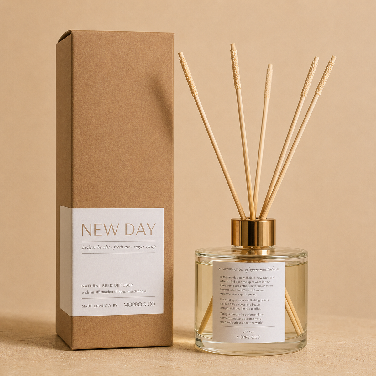 Morro & Co NEW DAY eco reed diffuser with an uplifting affirmation