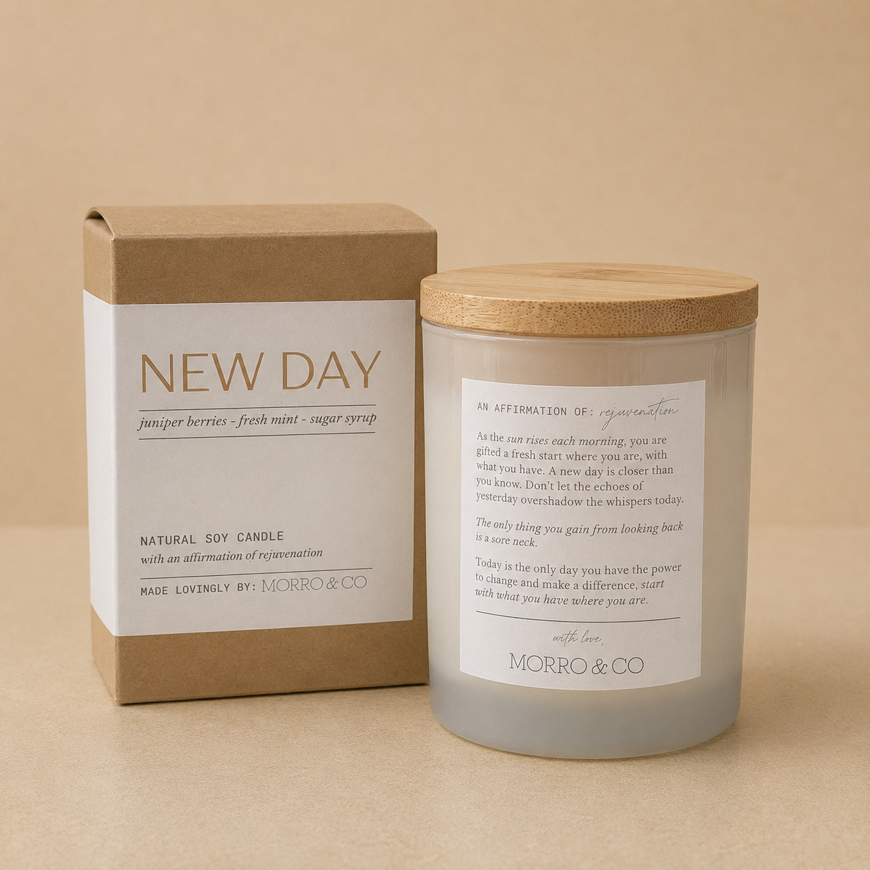 Morro & Co NEW DAY natural soy candle with an uplifting affirmation