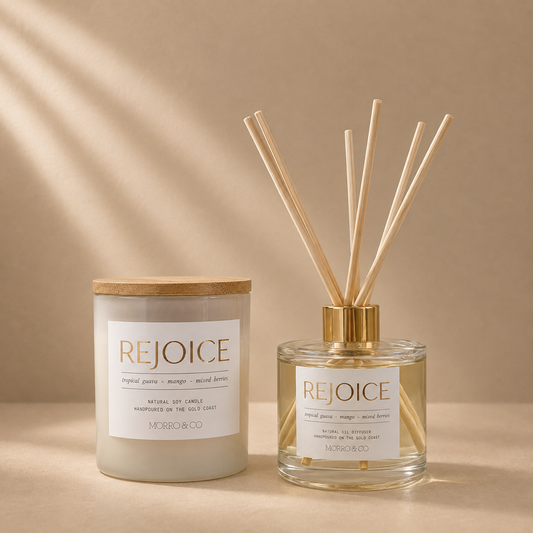Morro & Co REJOICE natural soy candle and eco reed diffuser with joyful affirmation