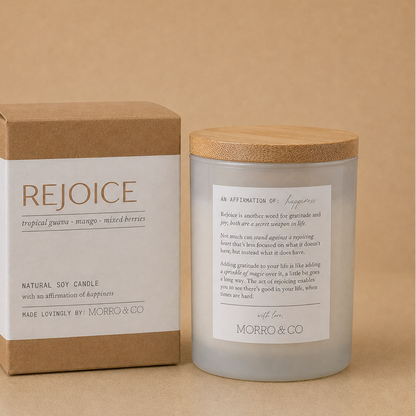 Morro & Co REJOICE natural soy candle with a joyful affirmation