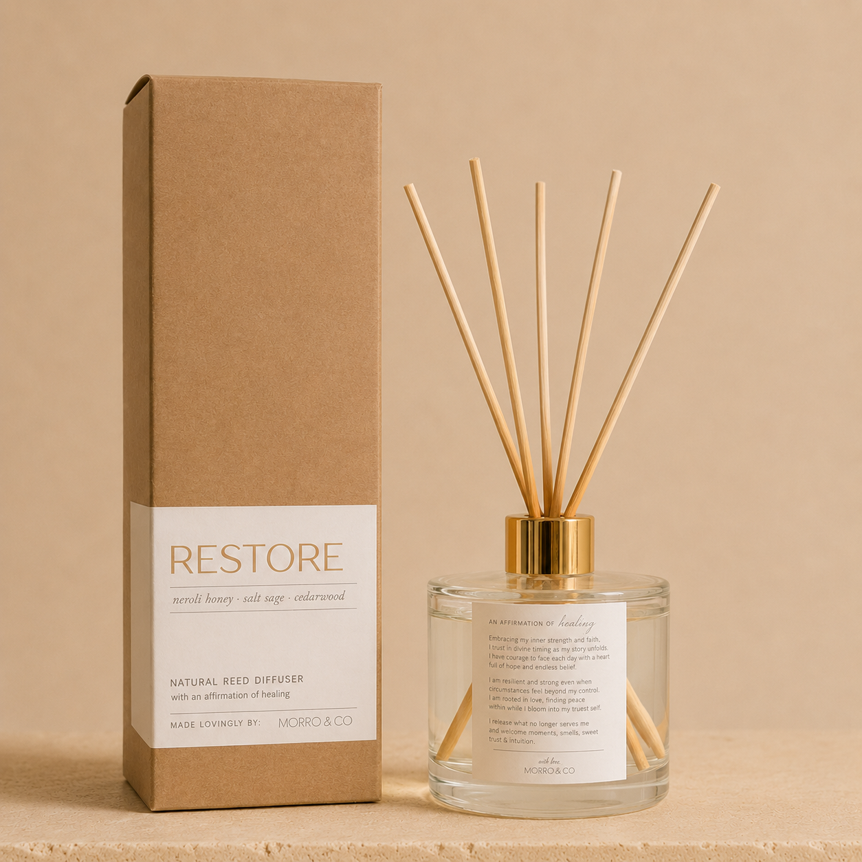 Morro & Co RESTORE eco reed diffuser with healing affirmation 