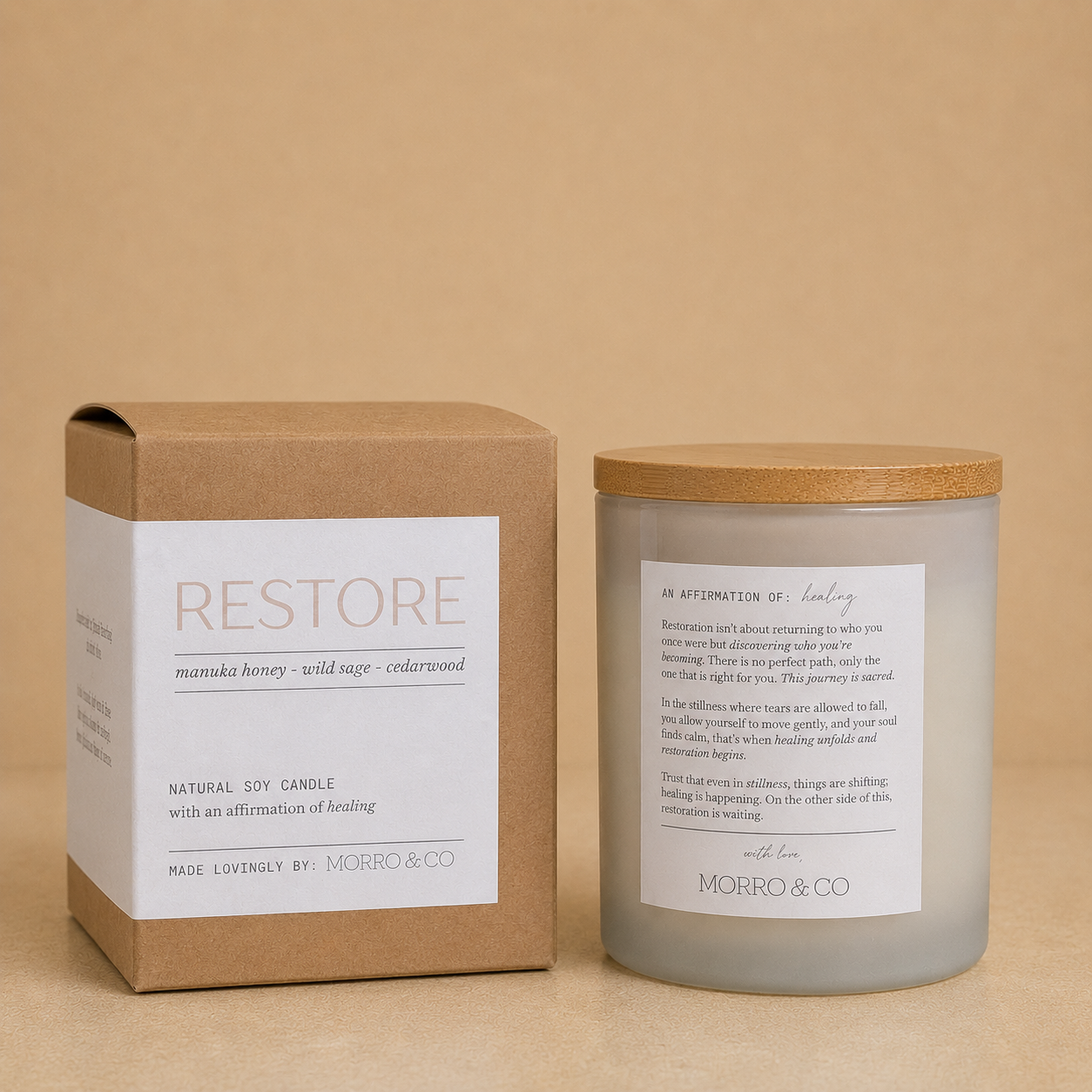 Morro & Co RESTORE natural soy candle with healing affirmation