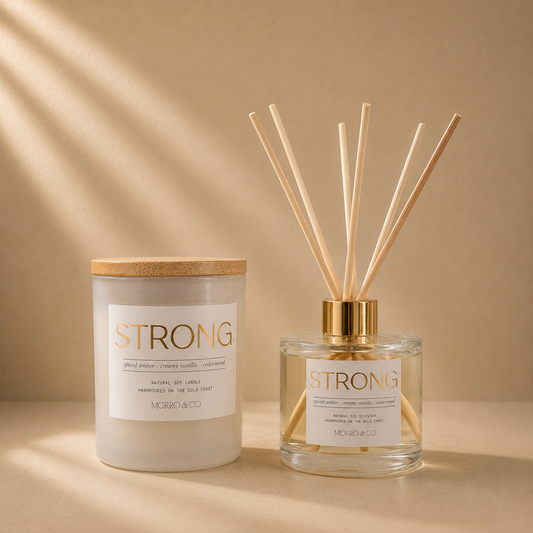 Morro & Co STRONG natural soy candle and eco reed diffuser with strengthening affirmation