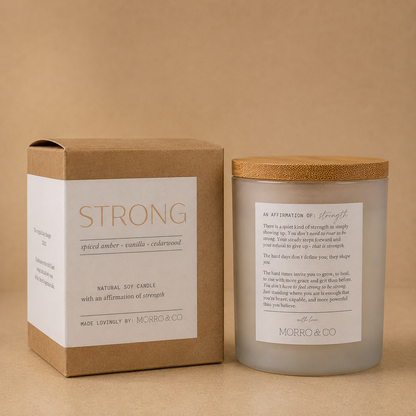 Morro & Co STRONG natural soy candle with strengthening affirmation
