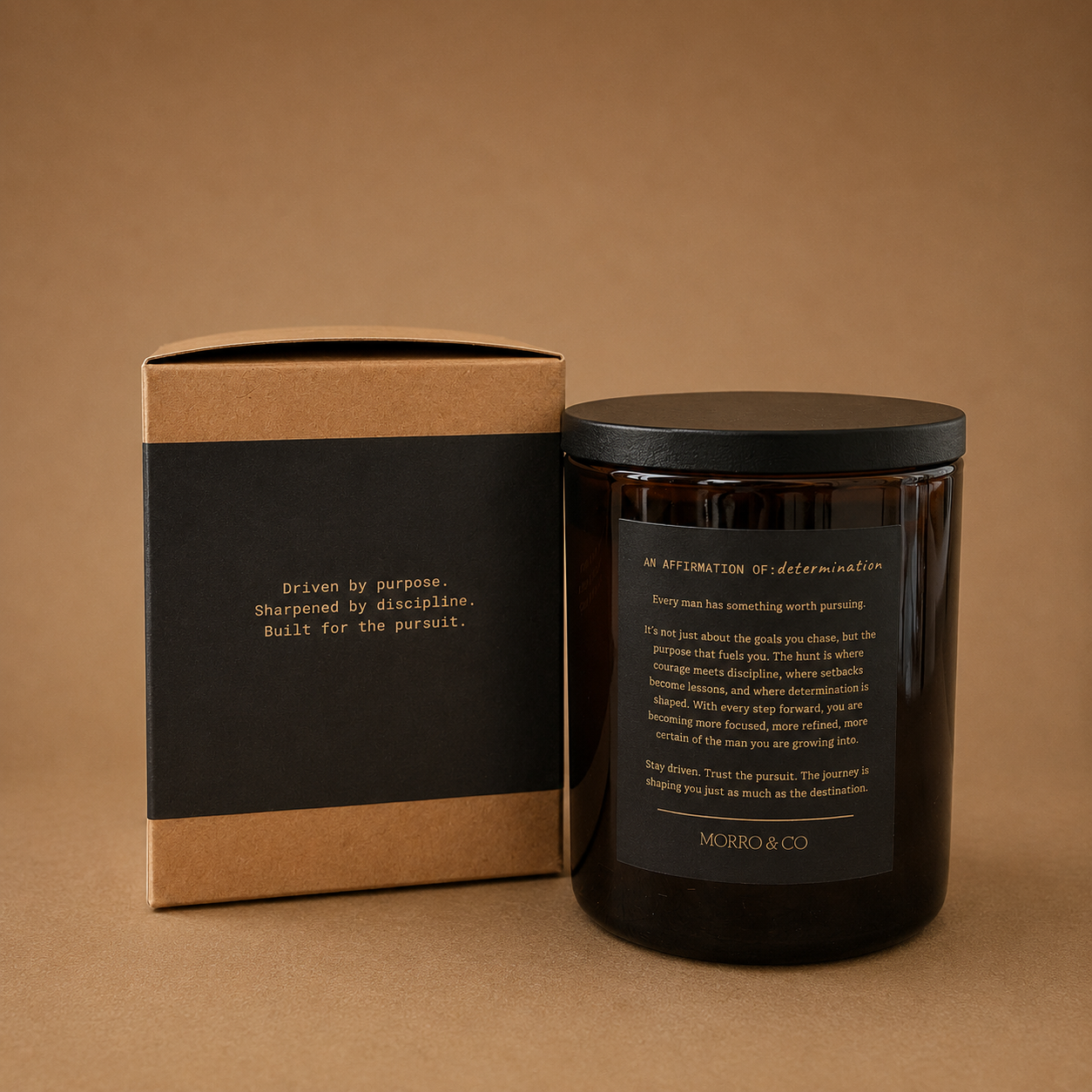 Morro & Co Men's HUNT natural soy candle with affirmation of determination