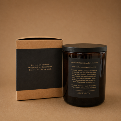 Morro & Co Men's HUNT natural soy candle with affirmation of determination